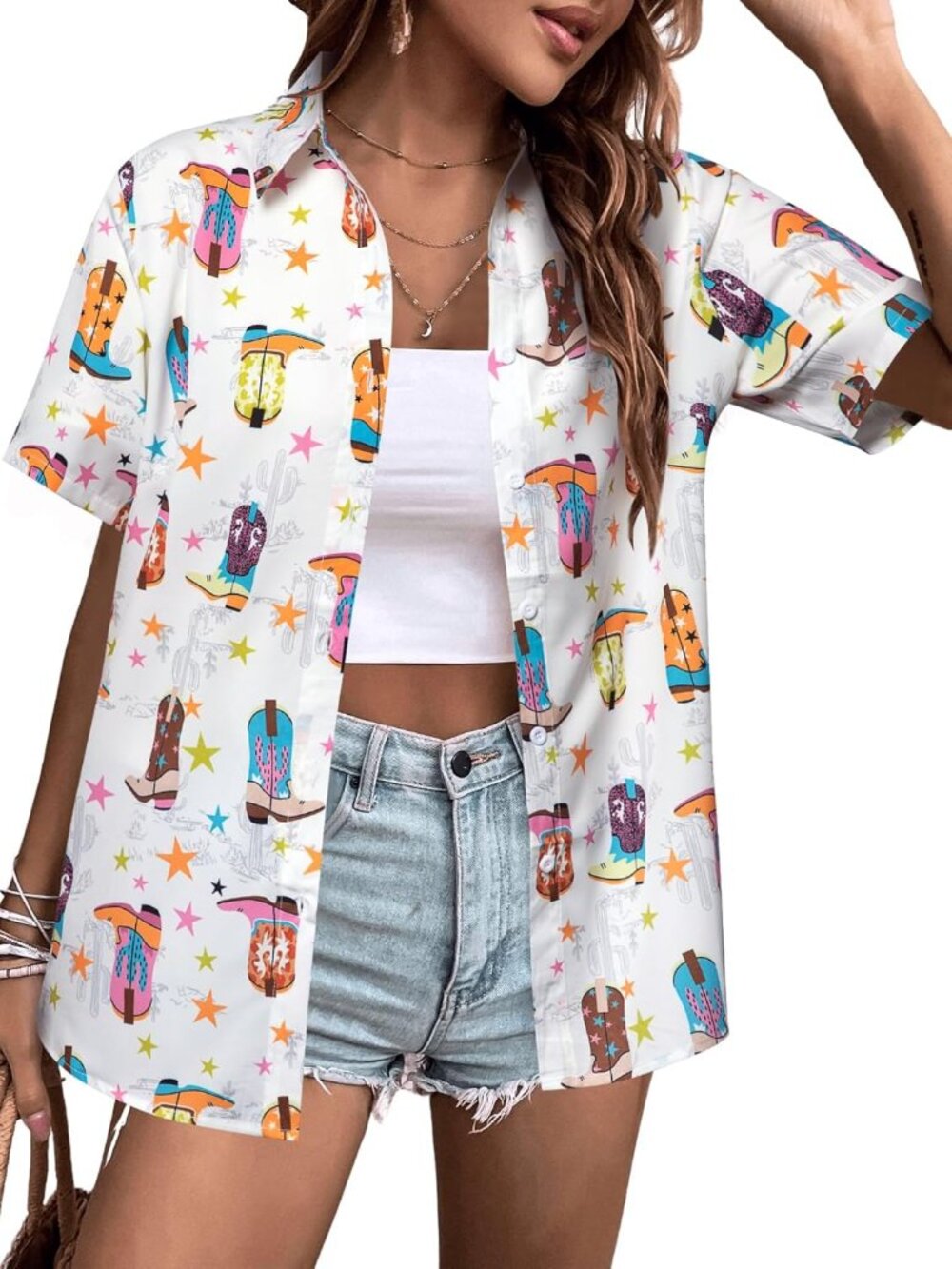 Cowgirl Hawaiian Vacation Button Up Short Sleeve Top Size S